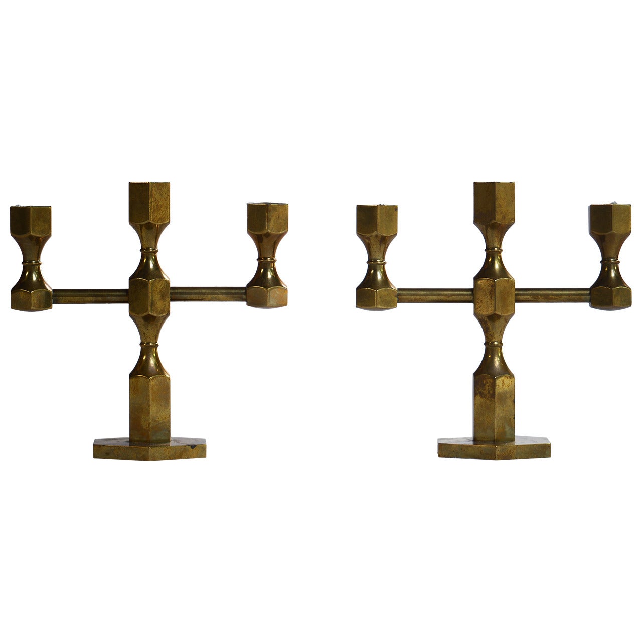 Lars Bergsten, Pair of Brass Gusum Table Candleholders, Sweden 1977 For Sale
