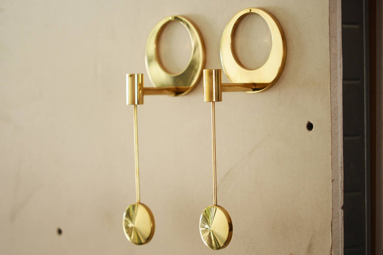 Arthur Pe Three Pair Wall Brass Candlesticks Handmade by the Artist, Sweden