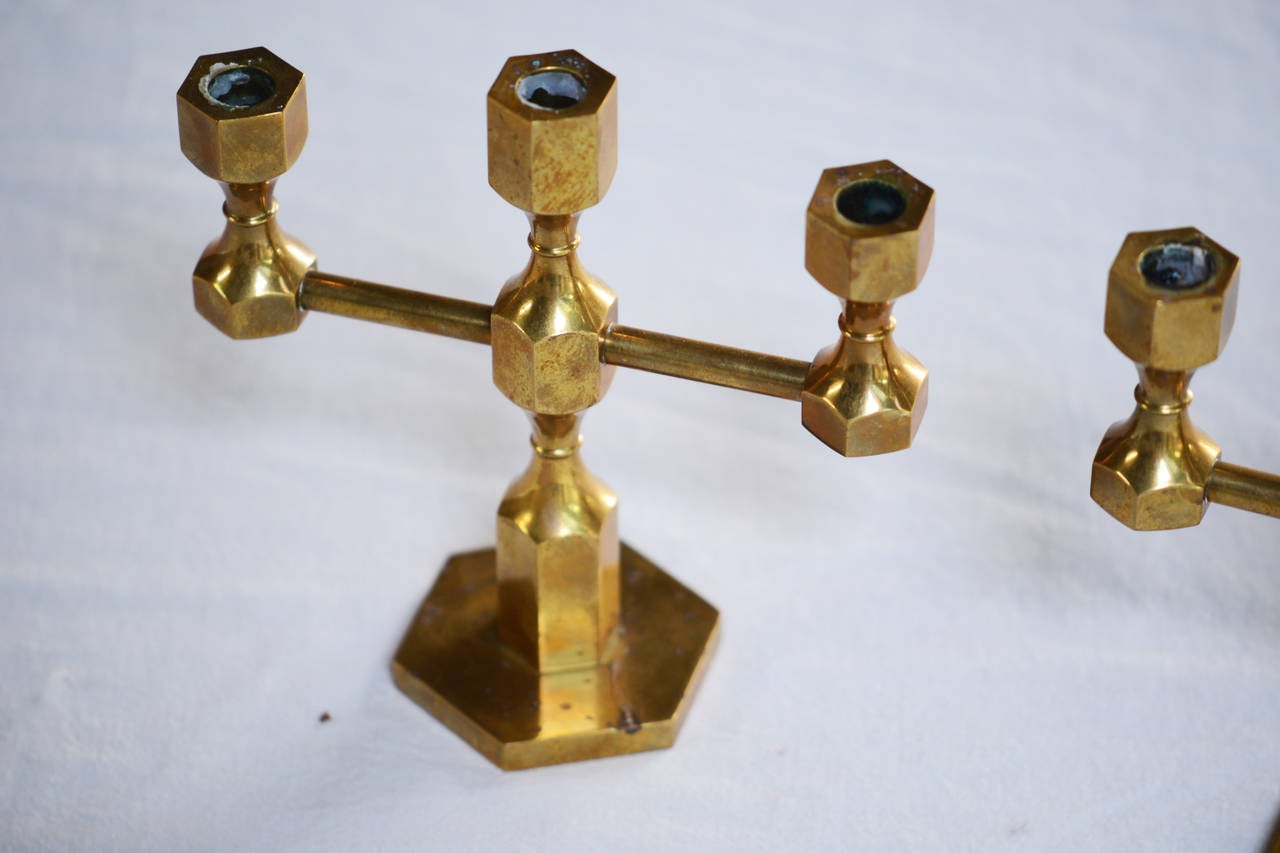 Lars Bergsten, two brass table candleholders made by gusum in 1977. Marked n°81 and the second one 83