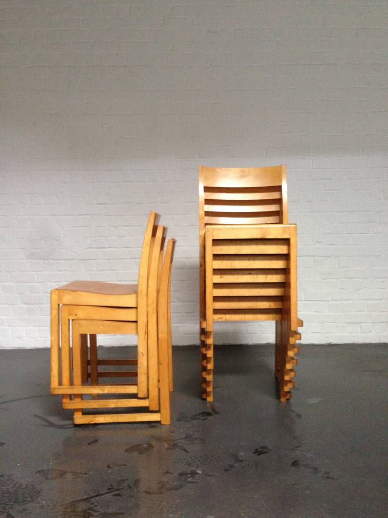 Ten chairs made for the theatre of the Helsingborg city, Sweden, circa 1930. Very light, easy to stack. The woods have a beautiful honey patina.