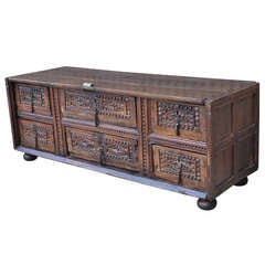 Antique 19th C. Spanish Revival Heavily Distressed Carved & Dovetailed Console / Credenza