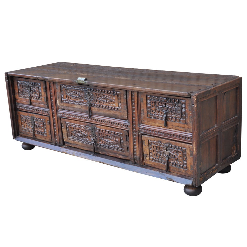 19th C. Spanish Revival Heavily Distressed Carved & Dovetailed Console / Credenza