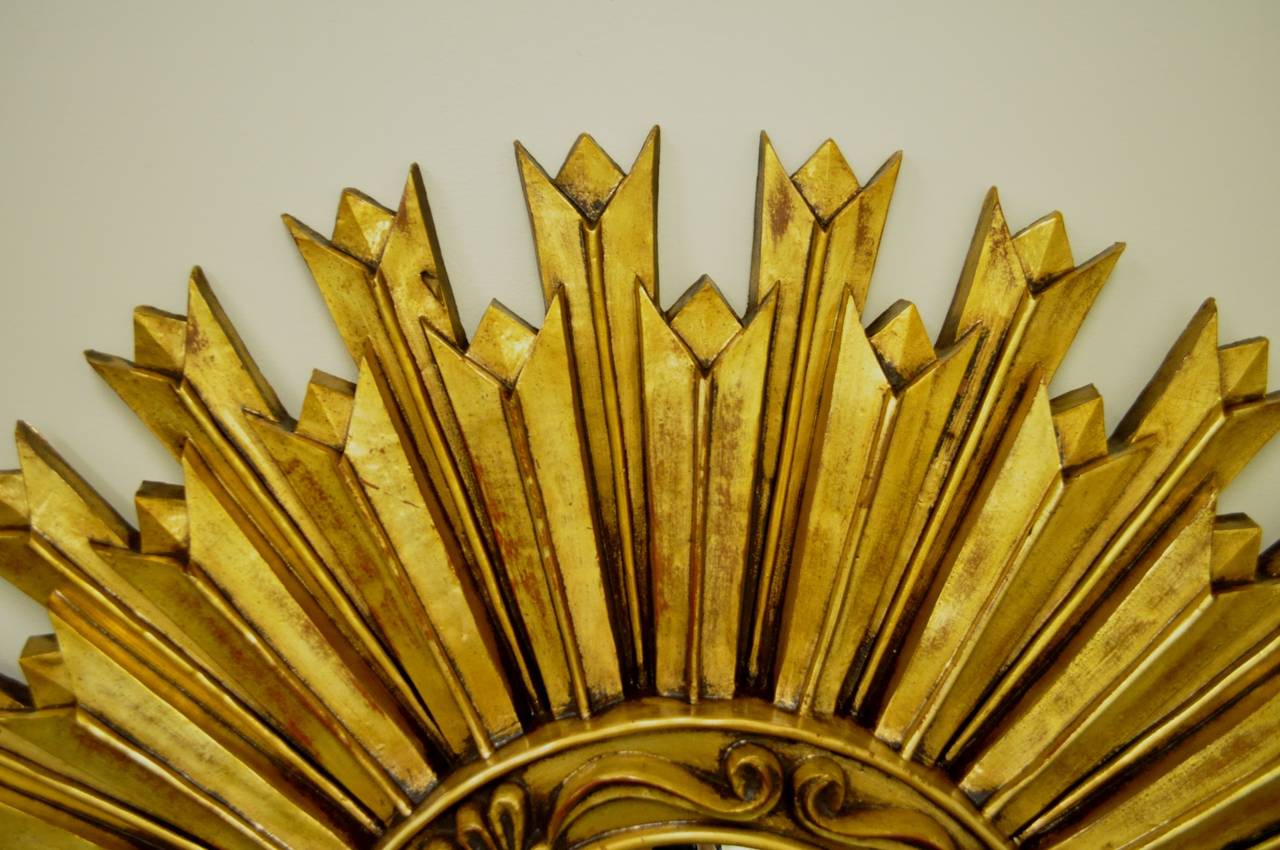 Vintage Italian Style Hollywood Regency, Gold Gilt Convex Sunburst Wall Mirror