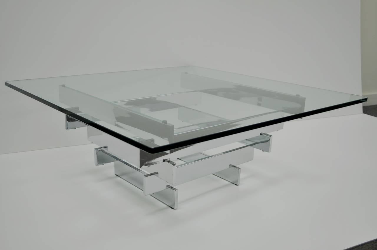 Vintage, Mid-Century Modern, chrome-plated steel stacked coffee or cocktail table by Paul Mayen for Habitat with thick 5/8