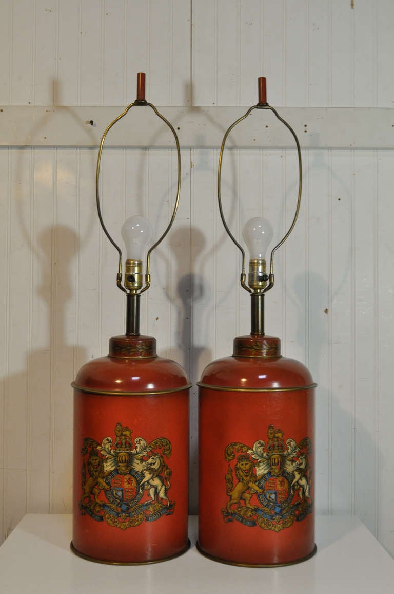 Pair of Vintage Orange Tole & Leather Wrapped English Tea Canister Table Lamps 2