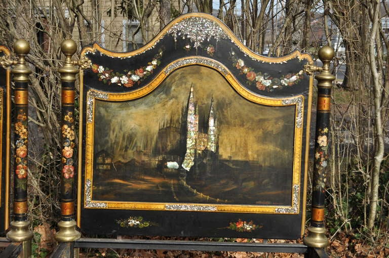 French Pair of 19th Century Hand Painted Mother of Pearl Inlaid Single Beds depicting Burgos Cathedral & Cluse Countryside For Sale