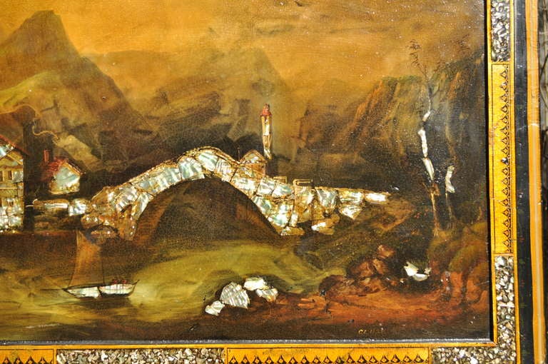 Paar handbemalte, einreihige Perlmutt-Intarsienbetten aus dem 19. Jahrhundert mit Darstellung der Burgos-Kathedrale und der Cluse-Landschaft im Angebot 2