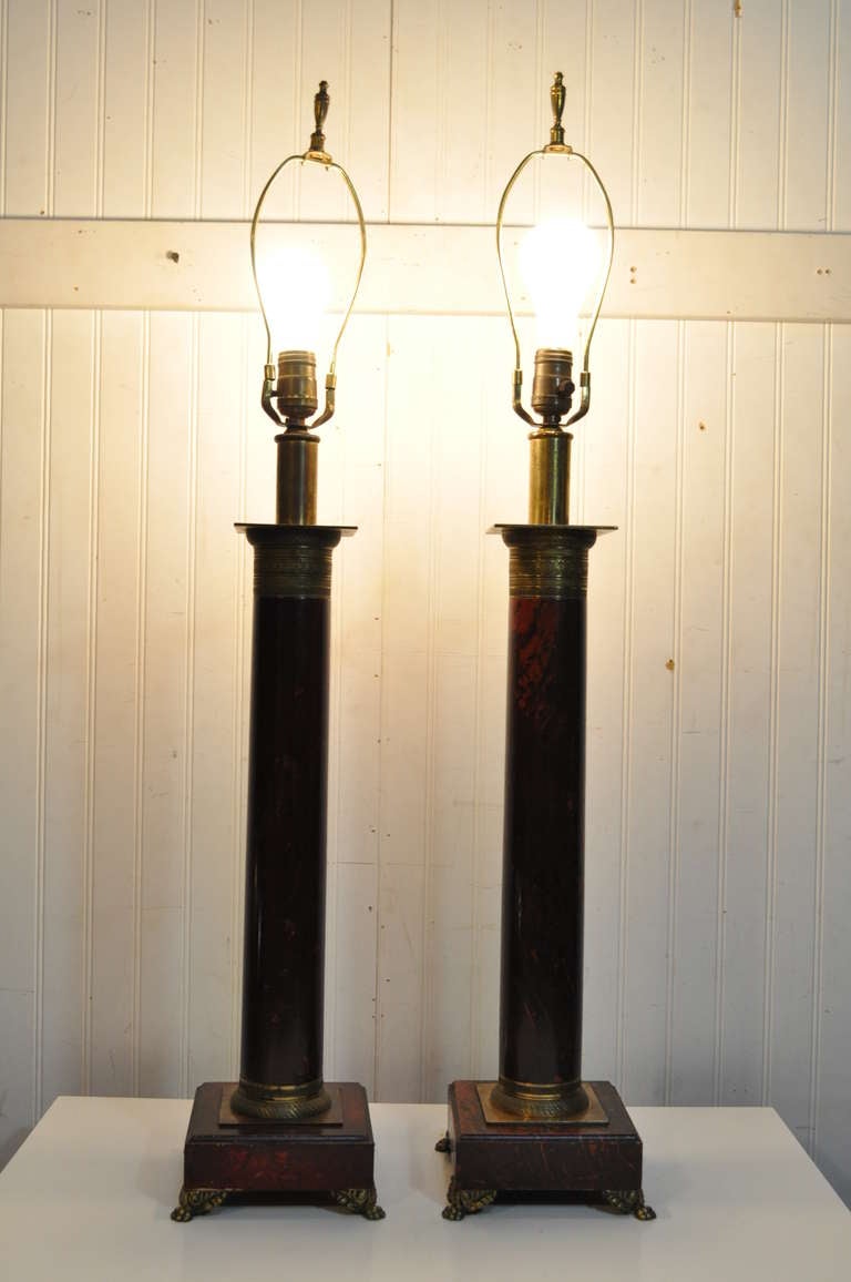 Pair of French Neoclassical Style Red Faux Marble Wood & Brass Column Form Lamps 6