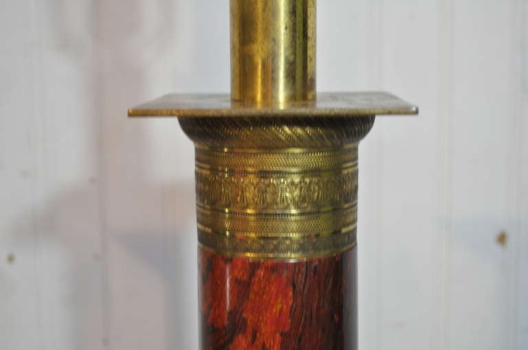 Pair of French Neoclassical Style Red Faux Marble Wood & Brass Column Form Lamps In Good Condition In Philadelphia, PA