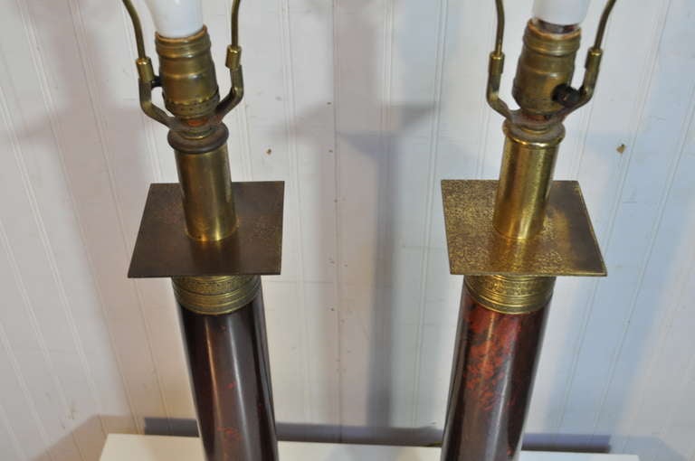 20th Century Pair of French Neoclassical Style Red Faux Marble Wood & Brass Column Form Lamps