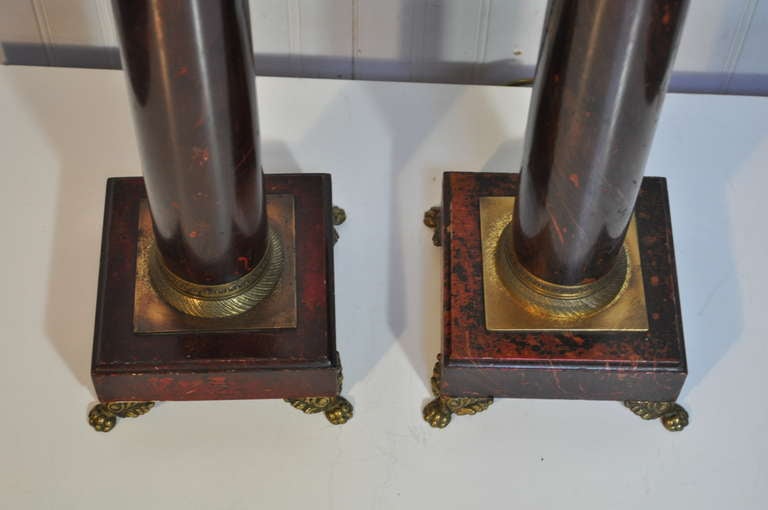 Pair of French Neoclassical Style Red Faux Marble Wood & Brass Column Form Lamps 5