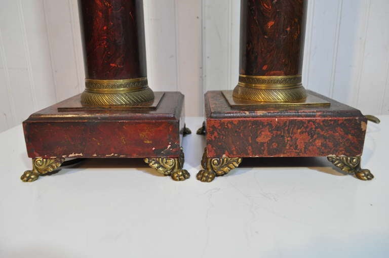 Pair of French Neoclassical Style Red Faux Marble Wood & Brass Column Form Lamps 2