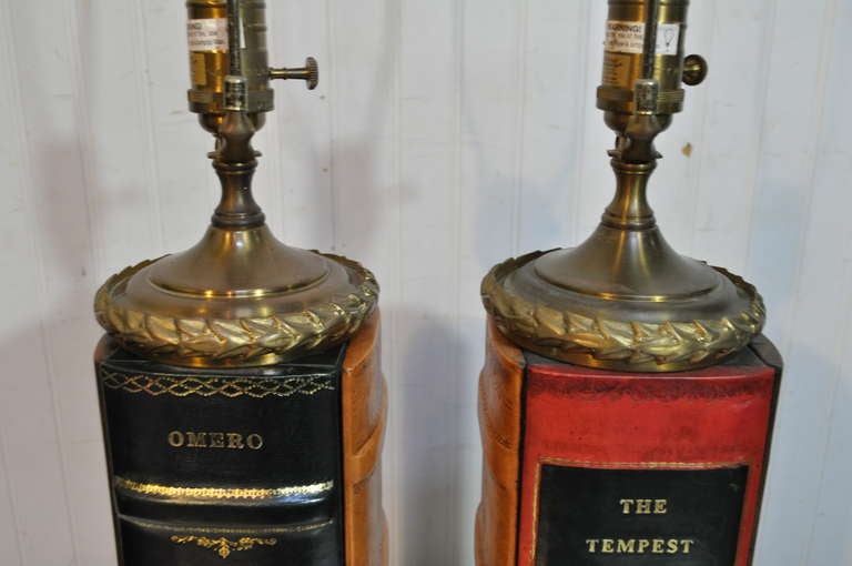 American Pair of English Style Brass and Tooled Leather Bound Book Form Table Lamps For Sale