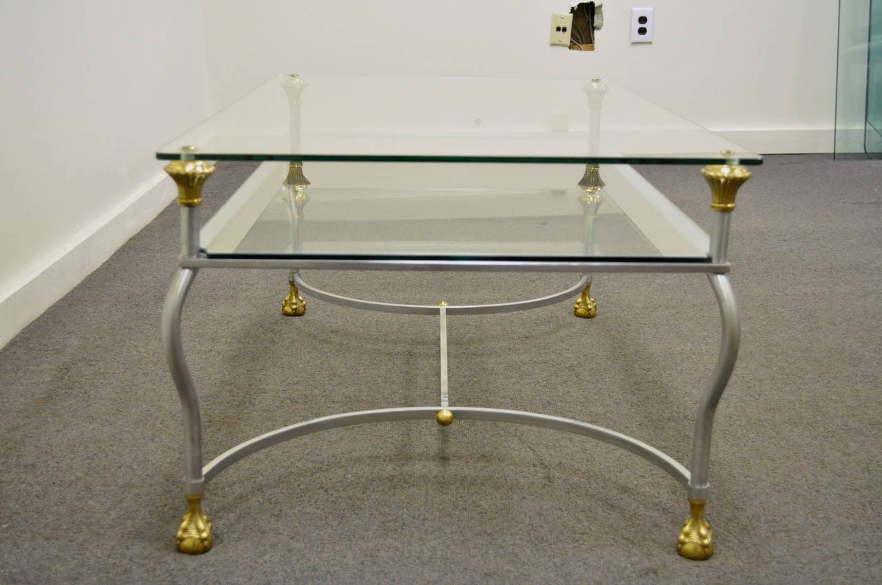 Maison Jansen Style Brass Brushed Steel & Glass Ball and Claw Foot Coffee Table For Sale 1