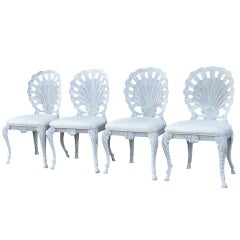 4 Hollywood Regency Cast Iron Shell Grotto Patio Dining Chairs by Pulaski