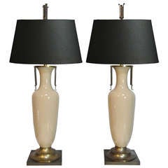 Vintage Pair of Hollywood Regency Urn Form Glazed Ceramic & Brass Table Lamps by Chapman