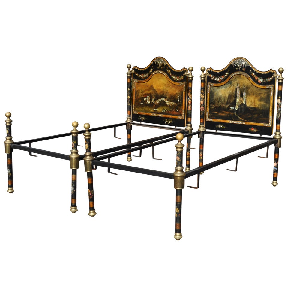 Pair of 19th Century Hand Painted Mother of Pearl Inlaid Single Beds depicting Burgos Cathedral & Cluse Countryside For Sale