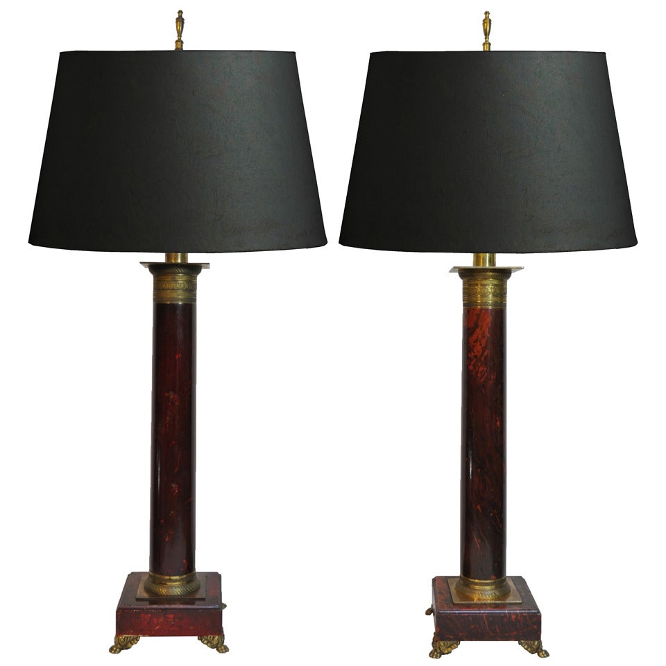 Pair of French Neoclassical Style Red Faux Marble Wood & Brass Column Form Lamps
