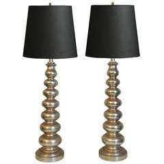 Pair Vintage Carved Wood Hollywood Regency Distress Silver Tone Column Table Lamps
