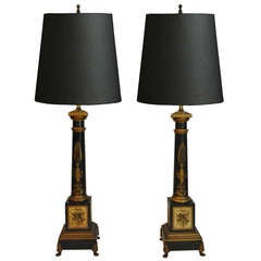 Pair of Vintage French Neoclassical Style Black & Gold Tole Column Form Table Lamps