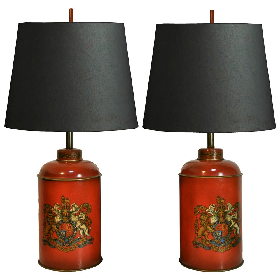 Pair of Vintage Orange Tole & Leather Wrapped English Tea Canister Table Lamps
