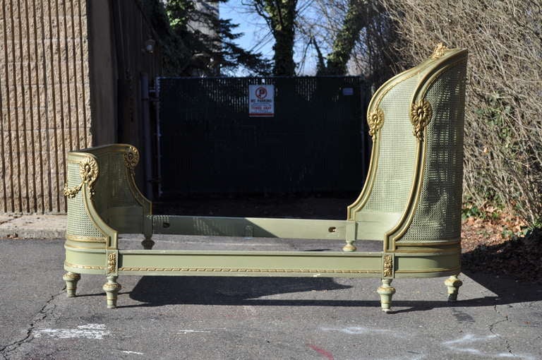 Circa 1900 French Louis XV / XVI Style Green & Gold Painted Carved and Cane Bed 4