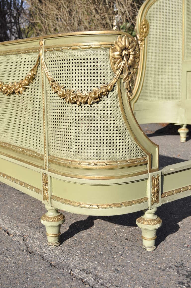 Circa 1900 French Louis XV / XVI Style Green & Gold Painted Carved and Cane Bed 1