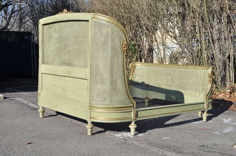 Circa 1900 French Louis XV / XVI Style Green & Gold Painted Carved and Cane Bed 2