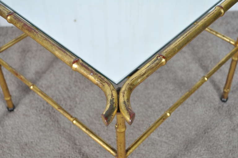 Pair of Italian Hollywood Regency Gold Faux Bamboo and Mirror End Tables Square 1