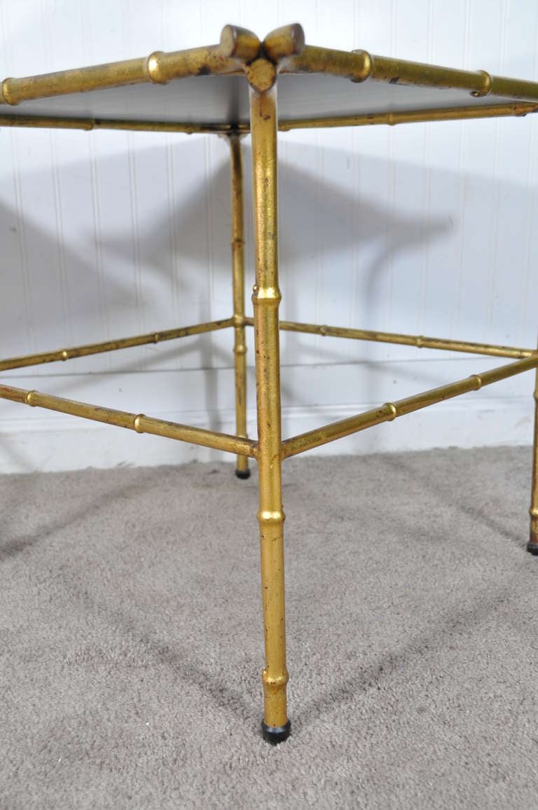 20th Century Pair of Italian Hollywood Regency Gold Faux Bamboo and Mirror End Tables Square