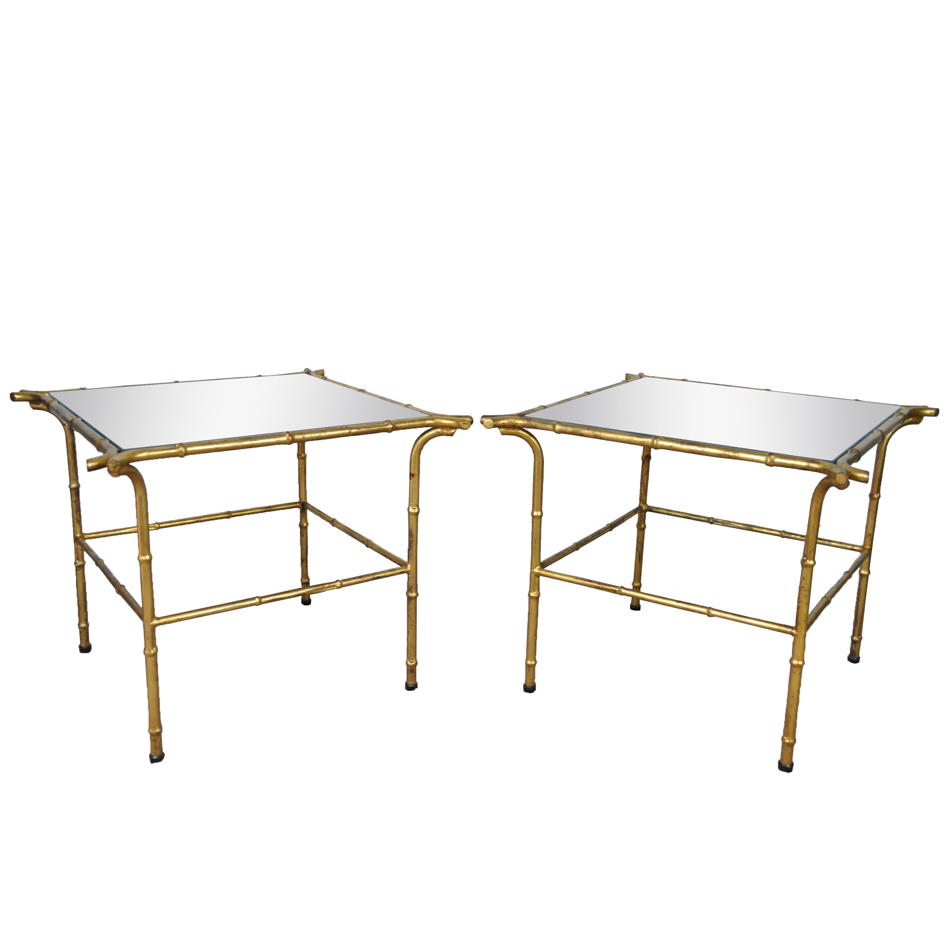 Pair of Italian Hollywood Regency Gold Faux Bamboo and Mirror End Tables Square