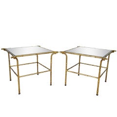 Pair of Italian Hollywood Regency Gold Faux Bamboo and Mirror End Tables Square
