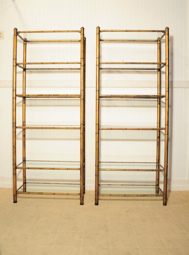 Pair of 1950's Faux Bamboo Hollywood Regency Gilt Metal Etageres at 1stDibs