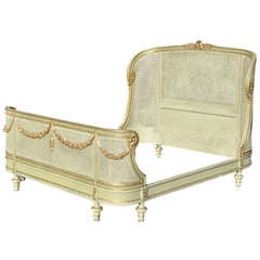 Circa 1900 French Louis XV / XVI Style Green & Gold Painted Carved and Cane Bed