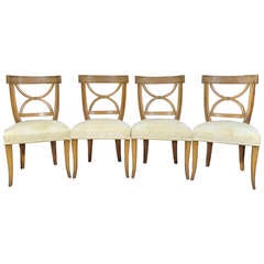 Italian Neoclassical Style Carved Wood Greek Key Saber Leg Dining Chair Set of 4