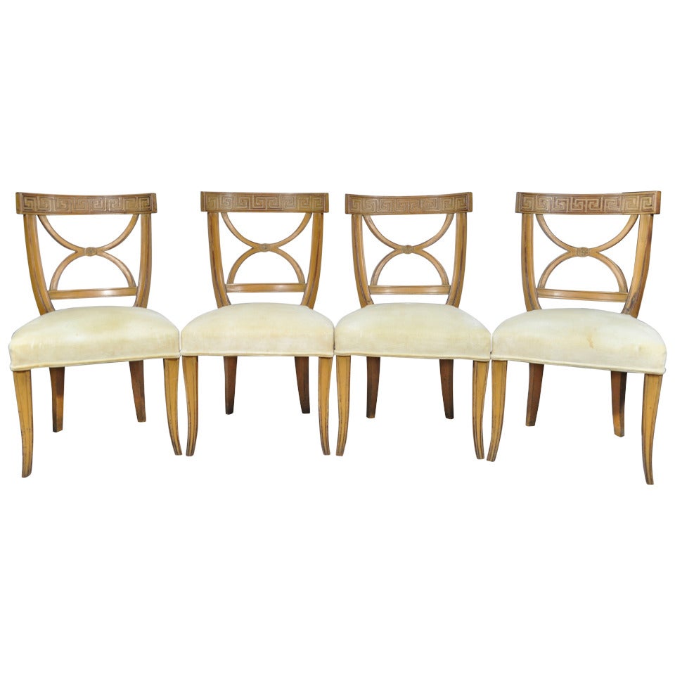 Italian Neoclassical Style Carved Wood Greek Key Saber Leg Dining Chair Set of 4