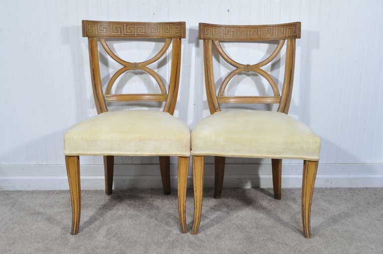 Italian Neoclassical Style Carved Wood Greek Key Saber Leg Dining Chair Set of 4 5