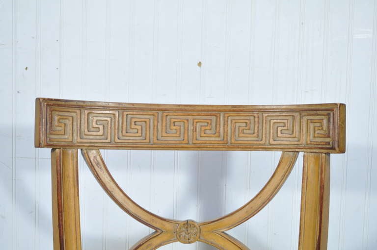 Fabric Italian Neoclassical Style Carved Wood Greek Key Saber Leg Dining Chair Set of 4