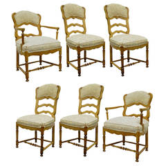 Antique Six French Country Style Carved and Upholstered Ladder Back Dining Chairs