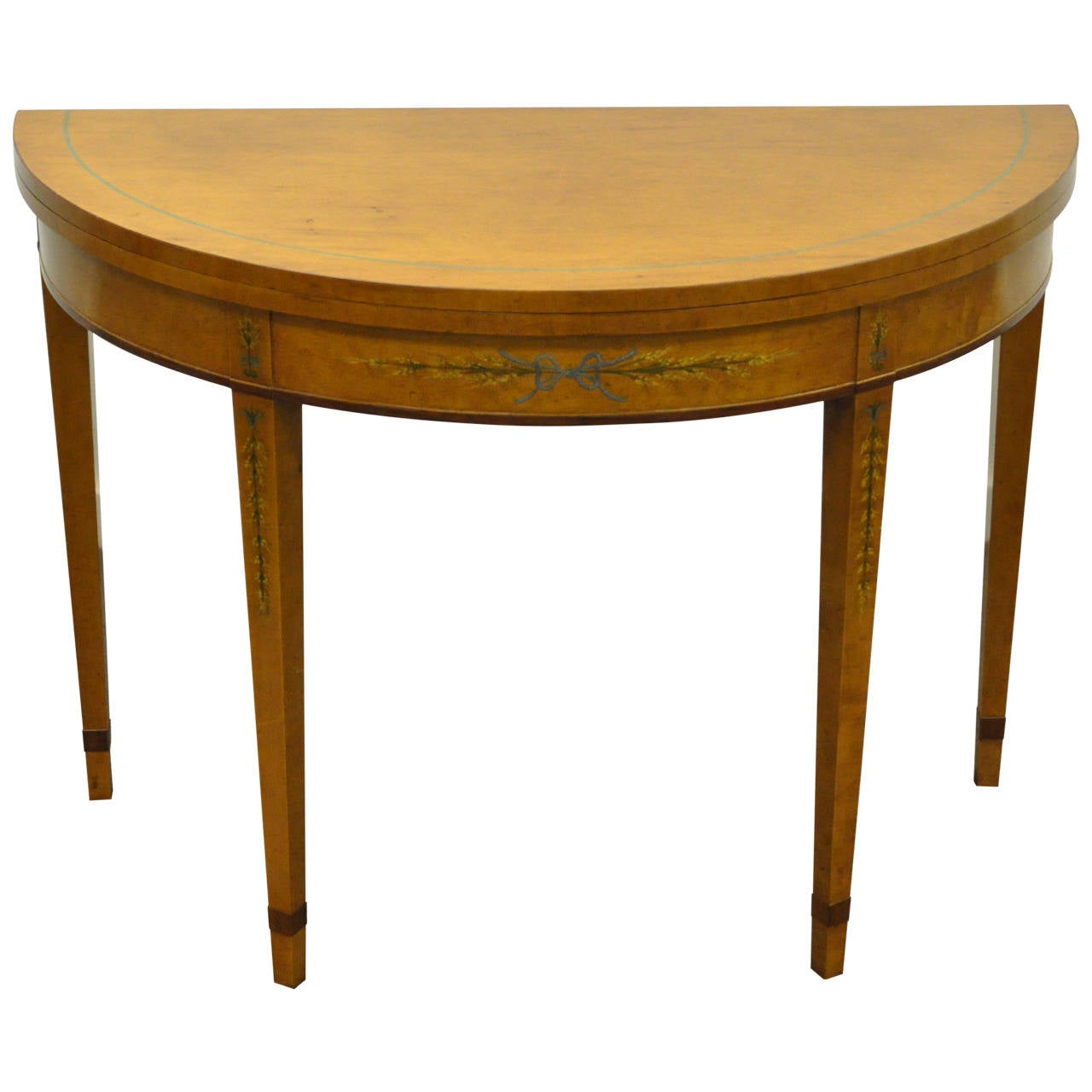 Federal Style Inlaid and Banded Leather Flip Top Demilune Console or