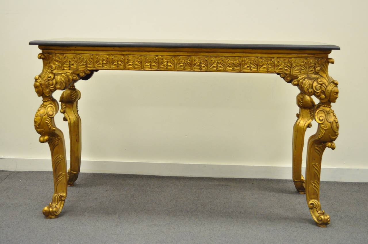 Neoclassical Hollywood Regency Style Marble Top Gold Gilt Figural Console Table In Good Condition In Philadelphia, PA