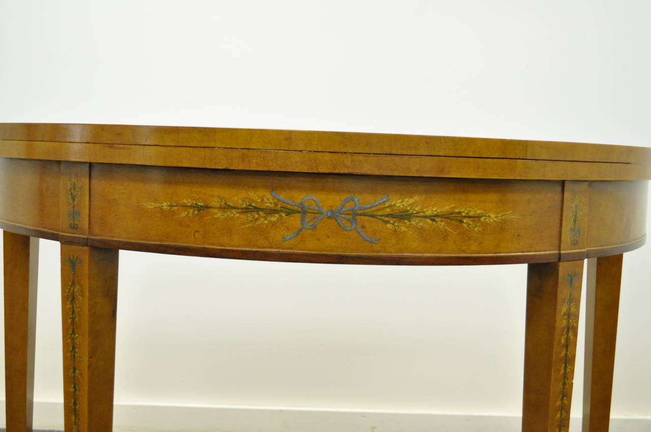 Federal Adams Style Hand Painted Banded Leather Flip Top Demilune Console Game Table For Sale