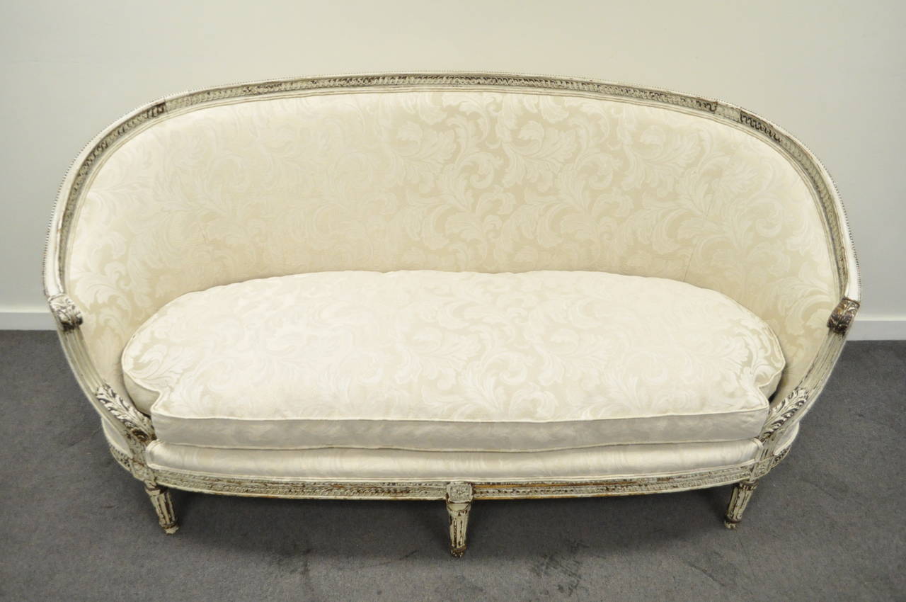 20th Century Antique French Louis XVI Style Distress-Painted Ovoid Carved Canapé Sofa