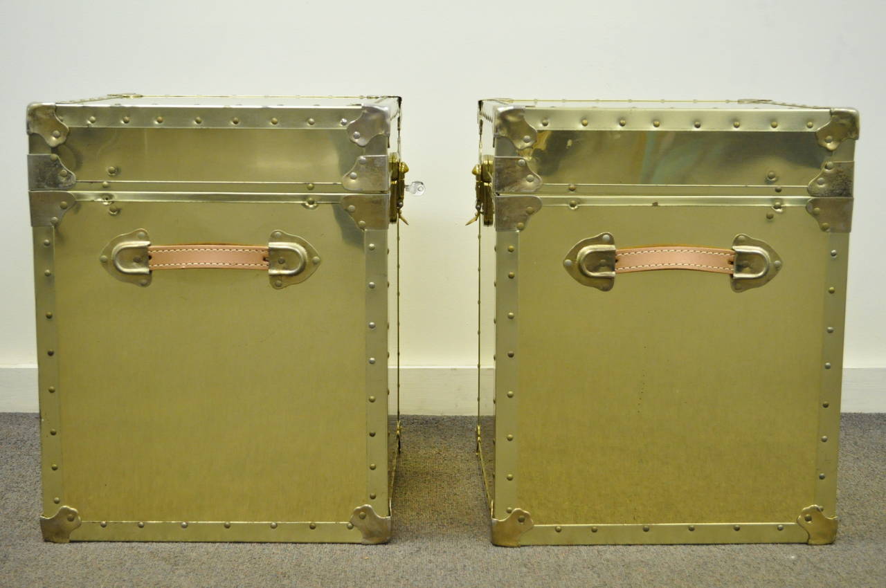 Pair of Hollywood Regency Brass Clad Trunks Chest Side Tables by Luggage Gallery In Good Condition In Philadelphia, PA