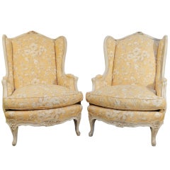 Antique Pair of French Painted Louis XV Style Bergere Chairs