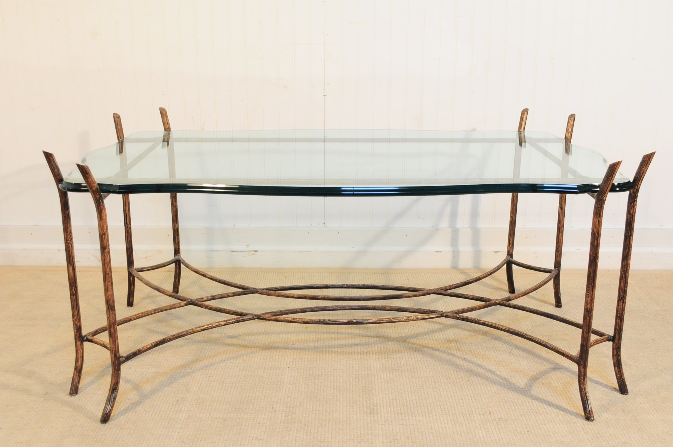 Hollywood Regency Iron Faux Bois and Glass French Bagues Style Coffee Table
