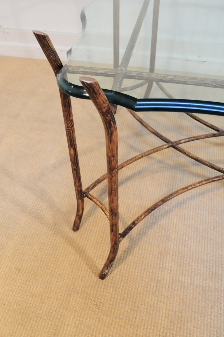 Hollywood Regency Iron Faux Bois and Glass French Bagues Style Coffee Table 3