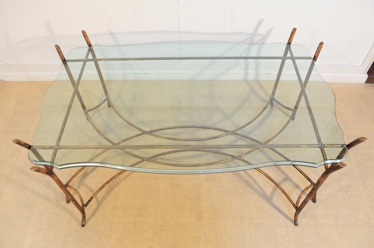 American Hollywood Regency Iron Faux Bois and Glass French Bagues Style Coffee Table