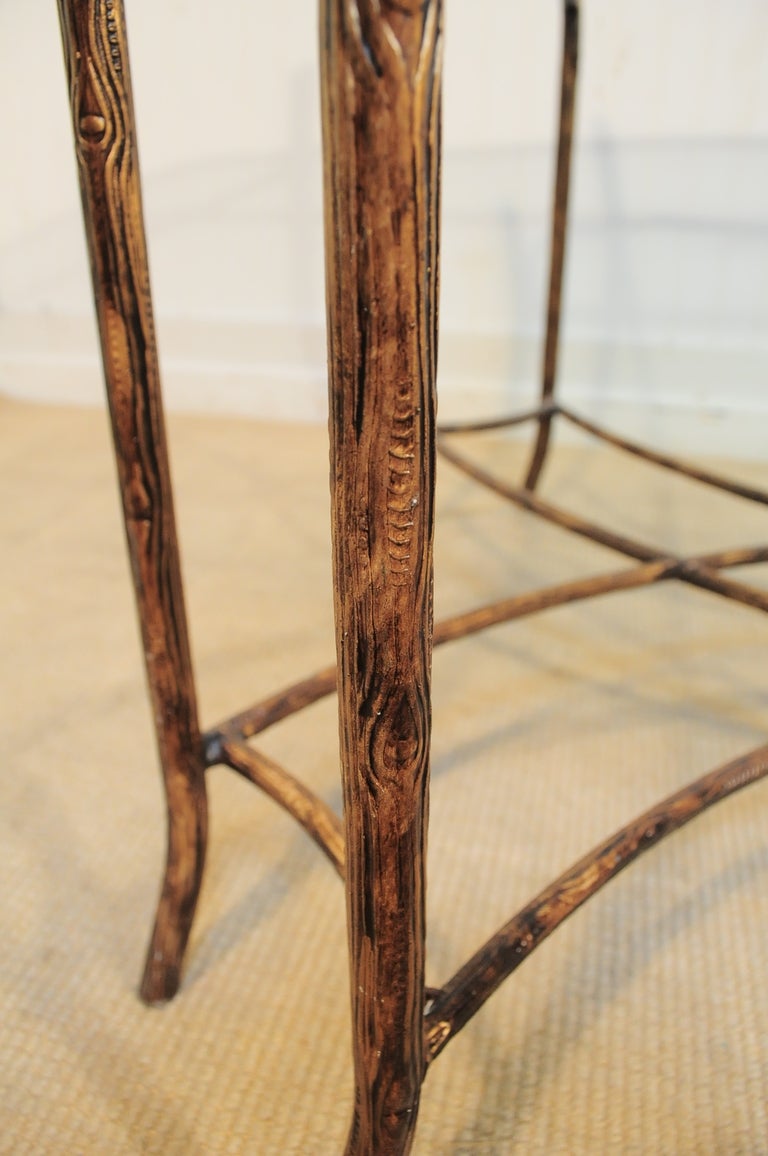 20th Century Hollywood Regency Iron Faux Bois and Glass French Bagues Style Coffee Table