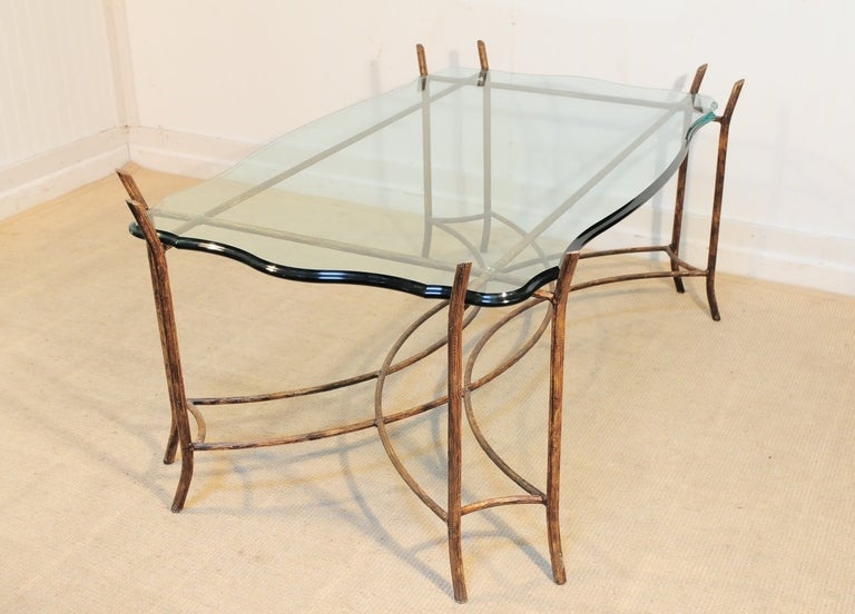Hollywood Regency Iron Faux Bois and Glass French Bagues Style Coffee Table 5